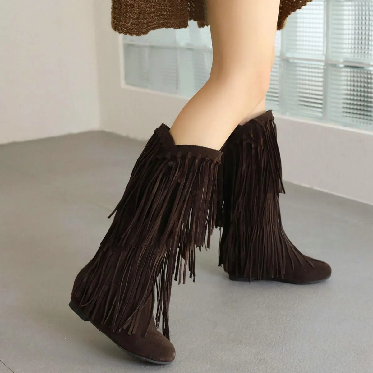 DINTAHA Fringe Suede Boots Flat Knee High Boots With Tassel Long Tall Pull On Boots