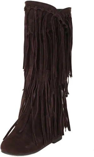 DINTAHA Fringe Suede Boots Flat Knee High Boots With Tassel Long Tall Pull On Boots