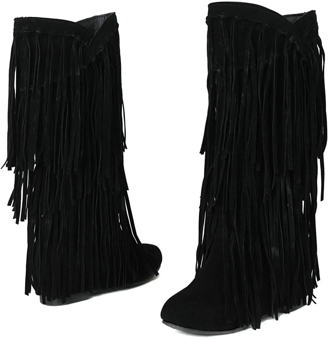 DINTAHA Fringe Suede Boots Flat Knee High Boots With Tassel Long Tall Pull On Boots