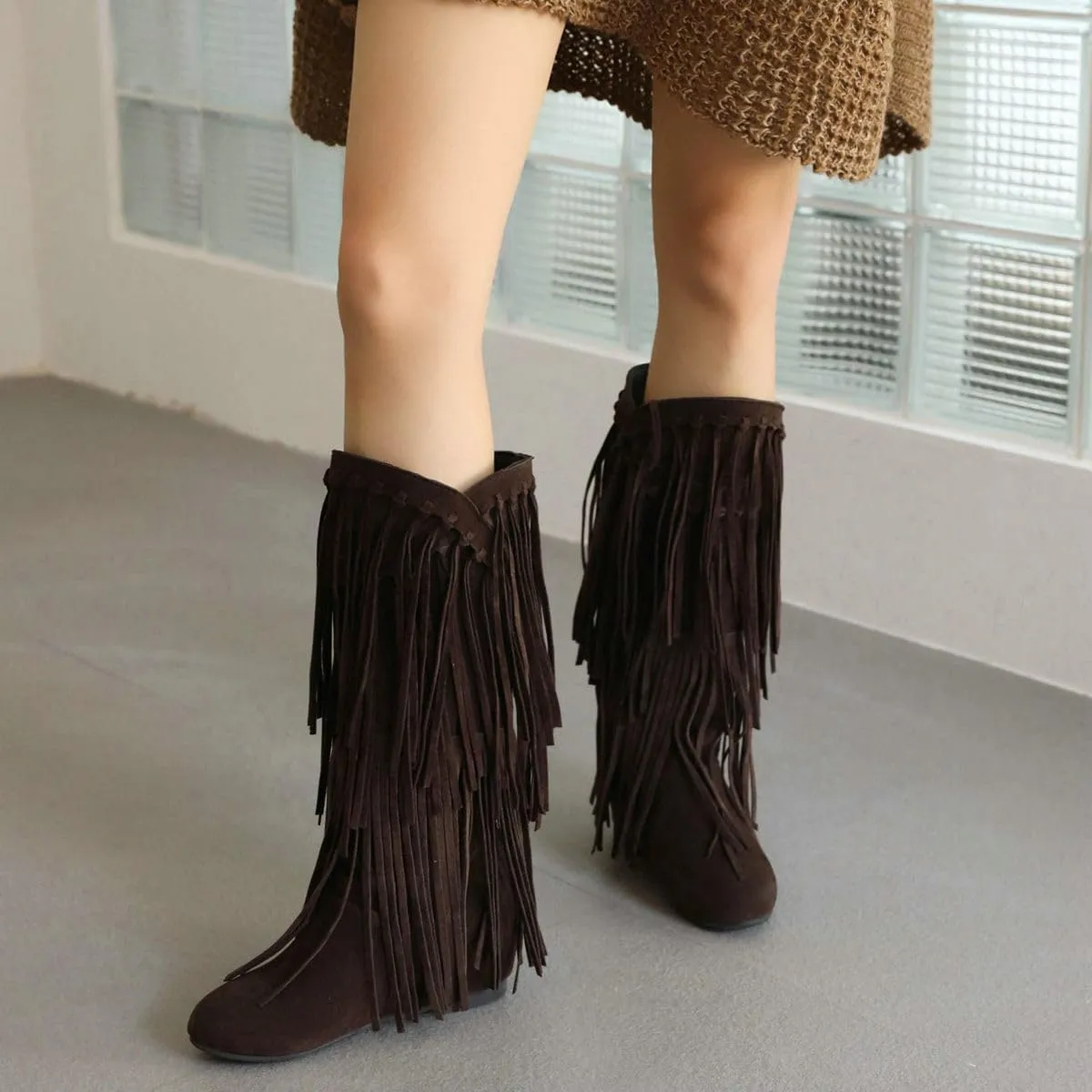 DINTAHA Fringe Suede Boots Flat Knee High Boots With Tassel Long Tall Pull On Boots