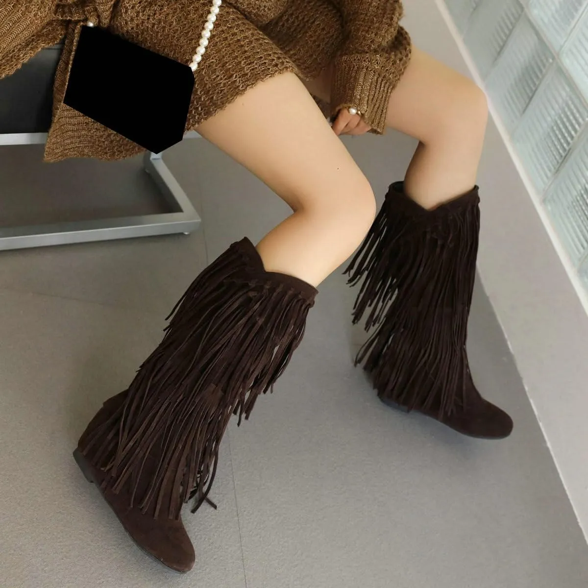 DINTAHA Fringe Suede Boots Flat Knee High Boots With Tassel Long Tall Pull On Boots