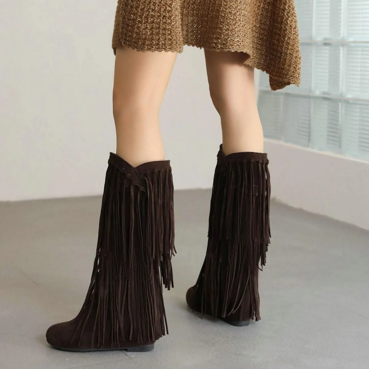 DINTAHA Fringe Suede Boots Flat Knee High Boots With Tassel Long Tall Pull On Boots