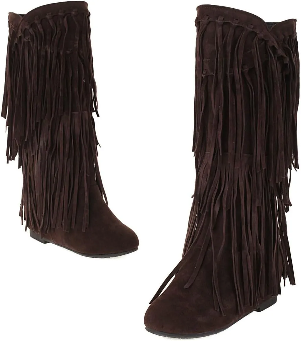 DINTAHA Fringe Suede Boots Flat Knee High Boots With Tassel Long Tall Pull On Boots