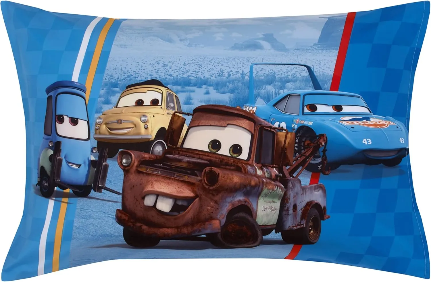 Disney Cars Radiator Springs White, Blue, and Red Lightning McQueen and Tow-Mater 4 Piece Toddler Bed Set - Comforter, Fitted Bottom Sheet, Flat Top Sheet and Reversible Pillowcase