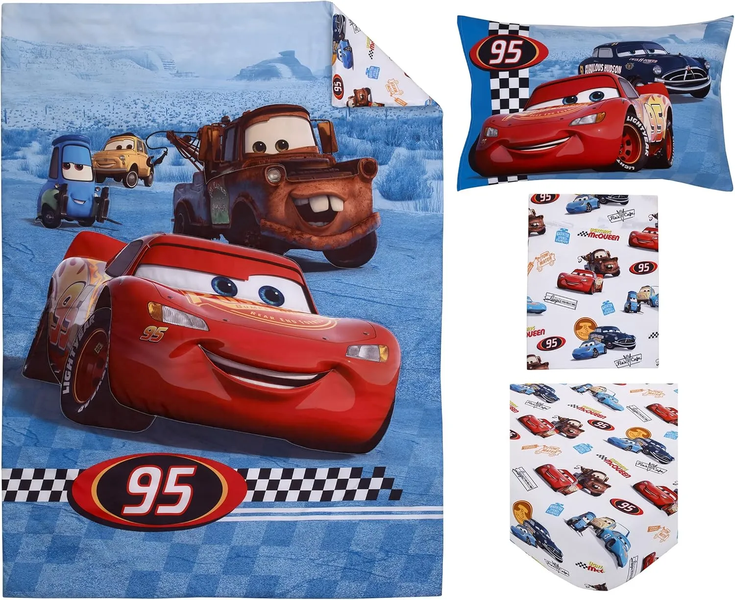 Disney Cars Radiator Springs White, Blue, and Red Lightning McQueen and Tow-Mater 4 Piece Toddler Bed Set - Comforter, Fitted Bottom Sheet, Flat Top Sheet and Reversible Pillowcase