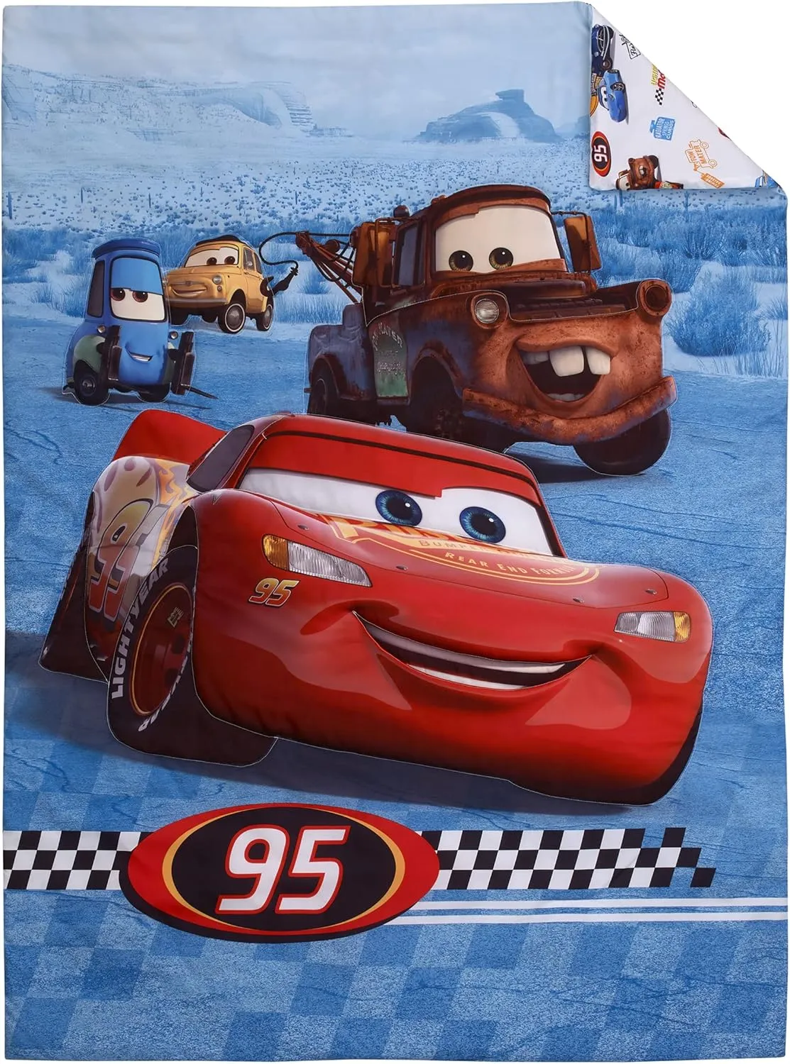 Disney Cars Radiator Springs White, Blue, and Red Lightning McQueen and Tow-Mater 4 Piece Toddler Bed Set - Comforter, Fitted Bottom Sheet, Flat Top Sheet and Reversible Pillowcase