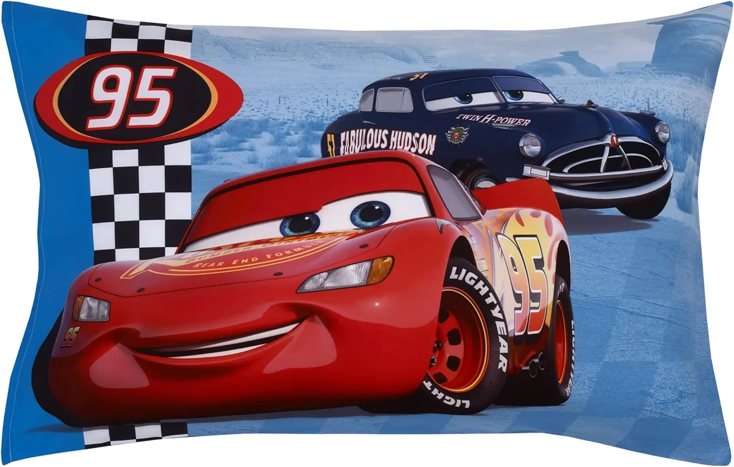 Disney Cars Radiator Springs White, Blue, and Red Lightning McQueen and Tow-Mater 4 Piece Toddler Bed Set - Comforter, Fitted Bottom Sheet, Flat Top Sheet and Reversible Pillowcase