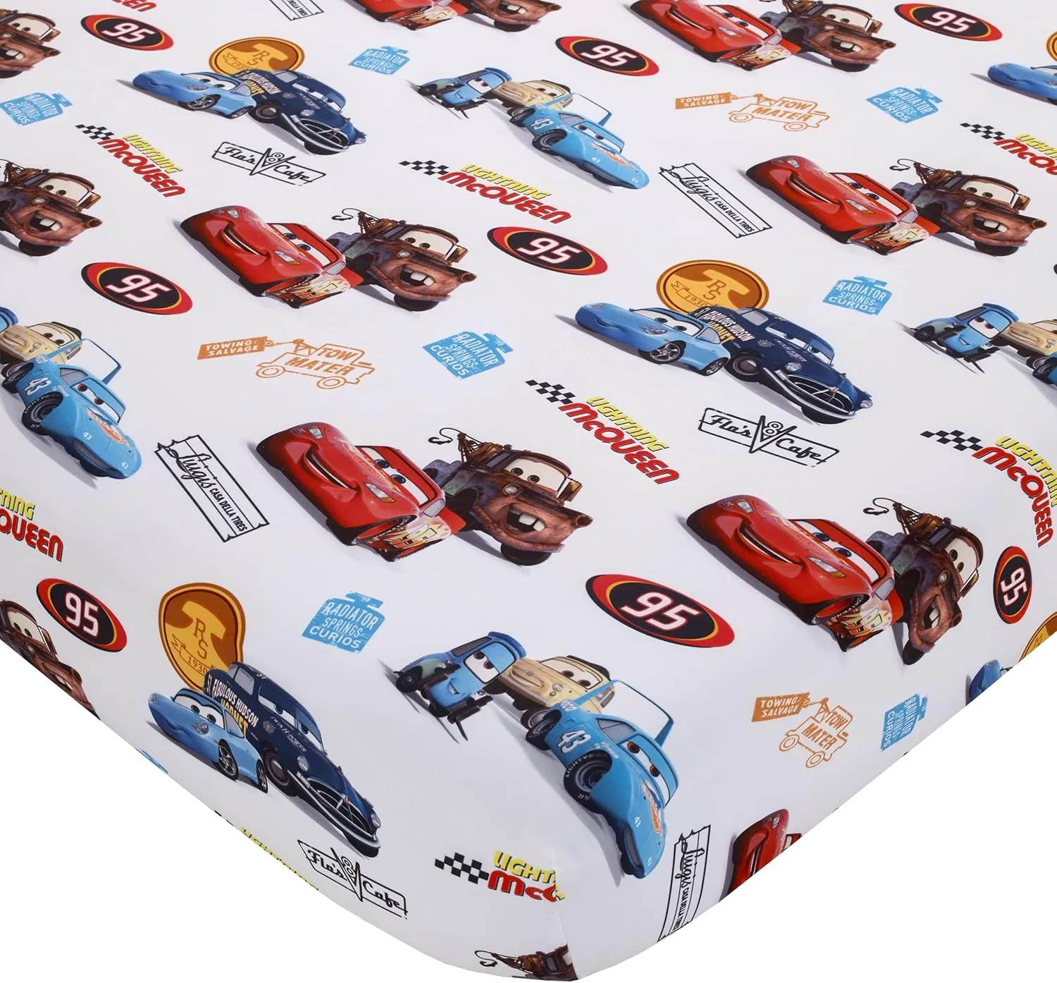 Disney Cars Radiator Springs White, Blue, and Red Lightning McQueen and Tow-Mater 4 Piece Toddler Bed Set - Comforter, Fitted Bottom Sheet, Flat Top Sheet and Reversible Pillowcase