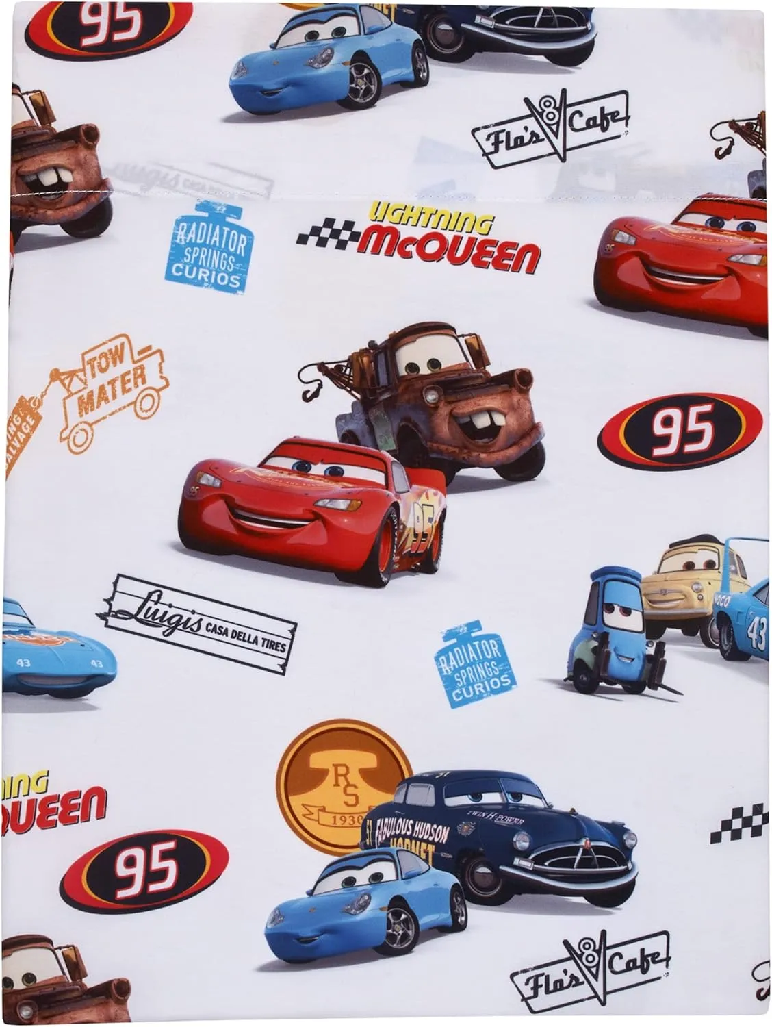 Disney Cars Radiator Springs White, Blue, and Red Lightning McQueen and Tow-Mater 4 Piece Toddler Bed Set - Comforter, Fitted Bottom Sheet, Flat Top Sheet and Reversible Pillowcase