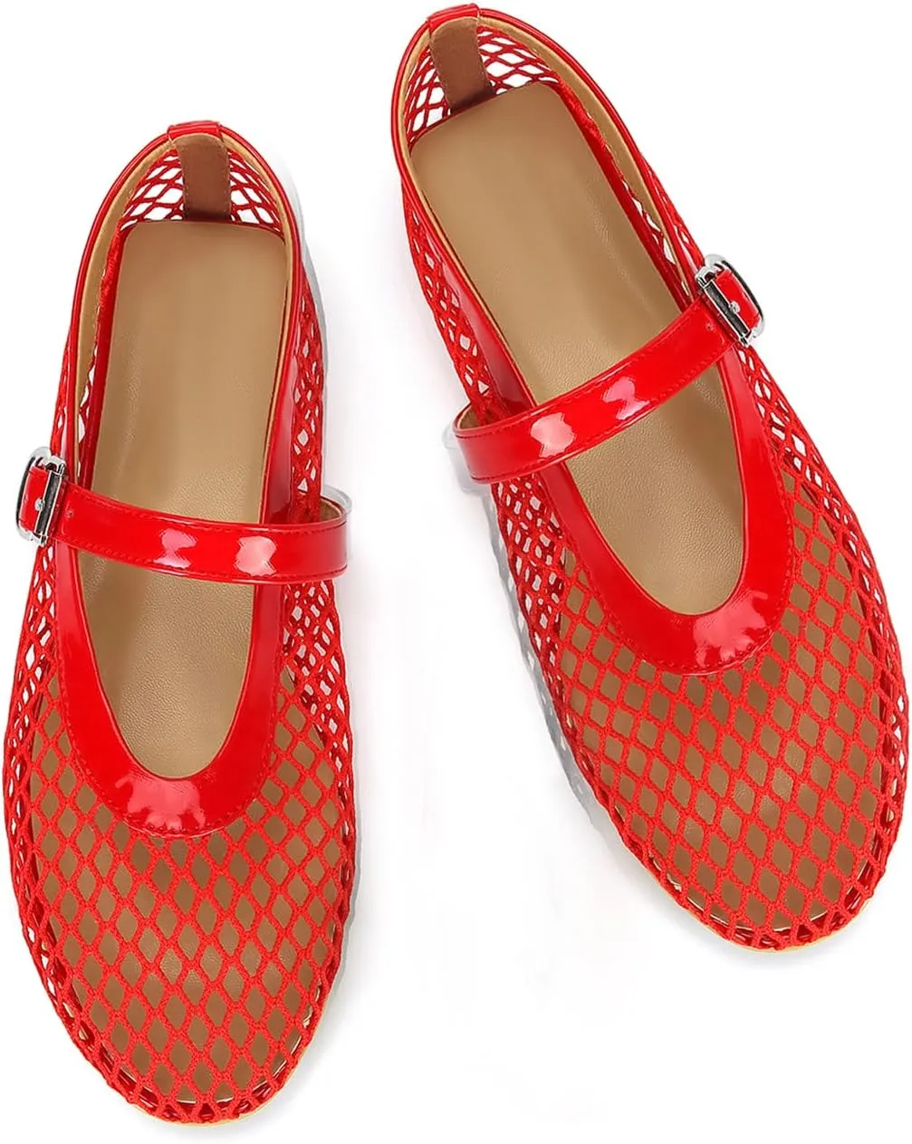 DOEYG Mesh Ballet Flats for Women Buckle Strap Comfy Casual Office Fishnet Ballerina Flat Shoes