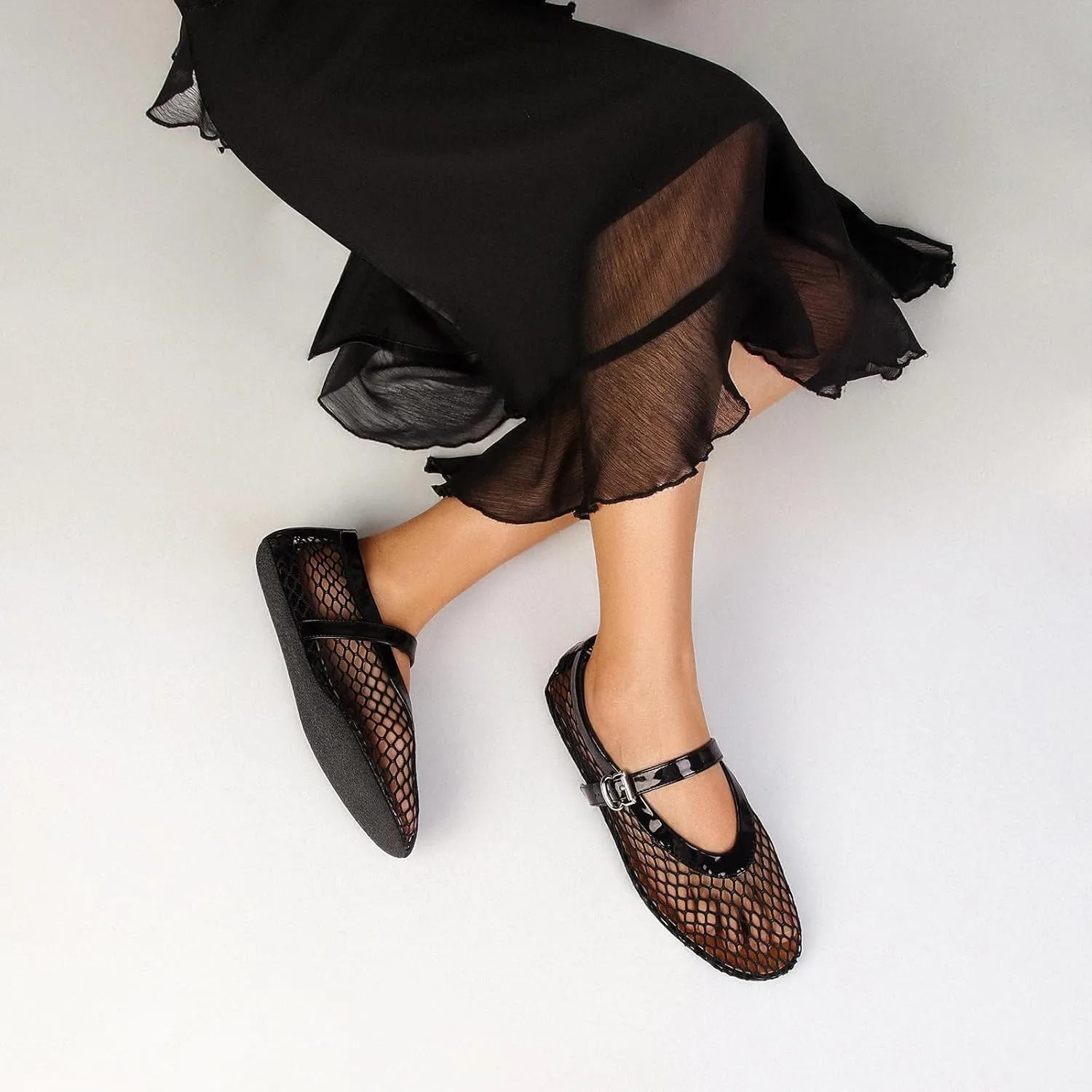 DOEYG Mesh Ballet Flats for Women Buckle Strap Comfy Casual Office Fishnet Ballerina Flat Shoes