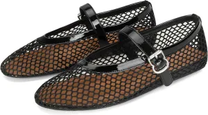 DOEYG Mesh Ballet Flats for Women Buckle Strap Comfy Casual Office Fishnet Ballerina Flat Shoes