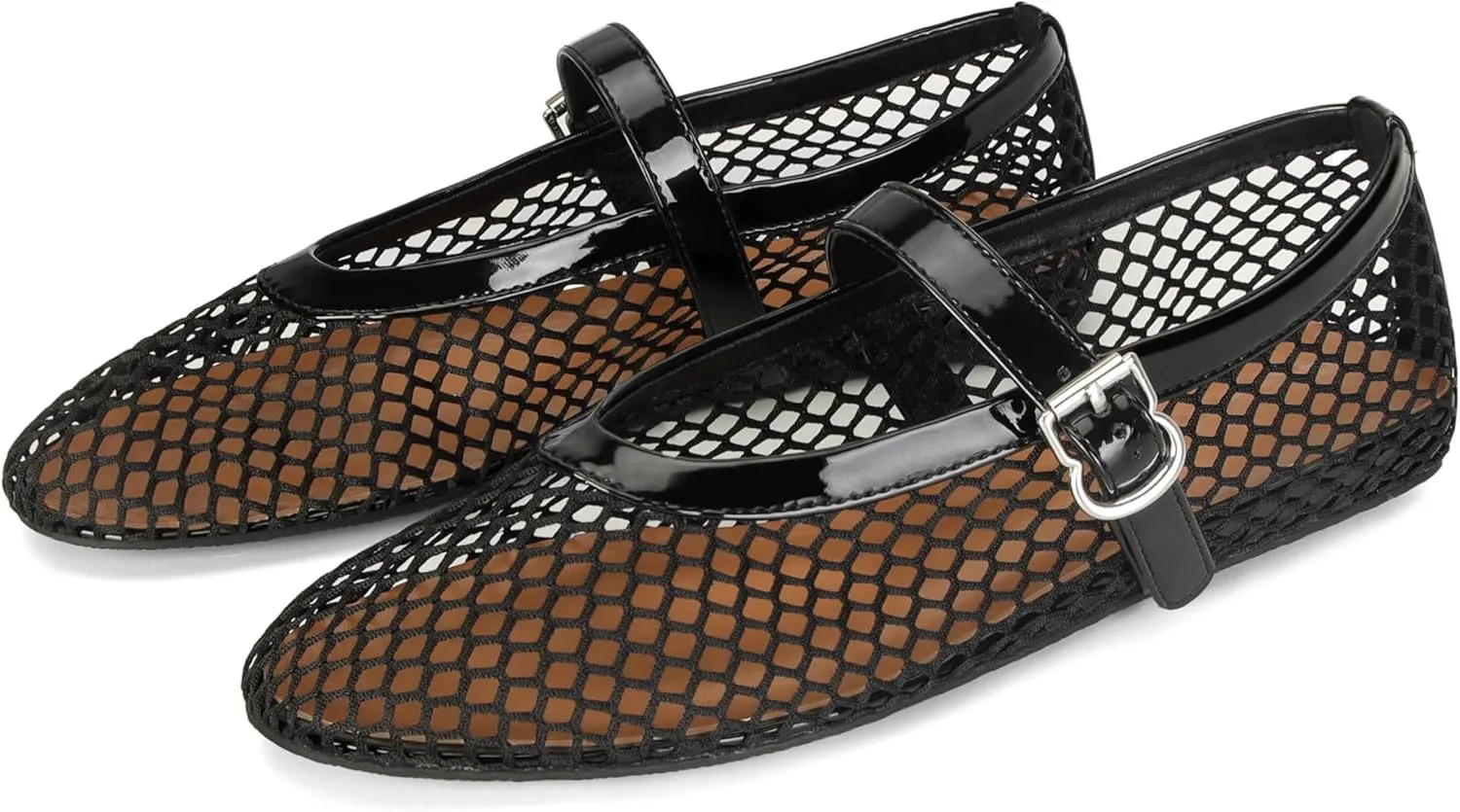 DOEYG Mesh Ballet Flats for Women Buckle Strap Comfy Casual Office Fishnet Ballerina Flat Shoes