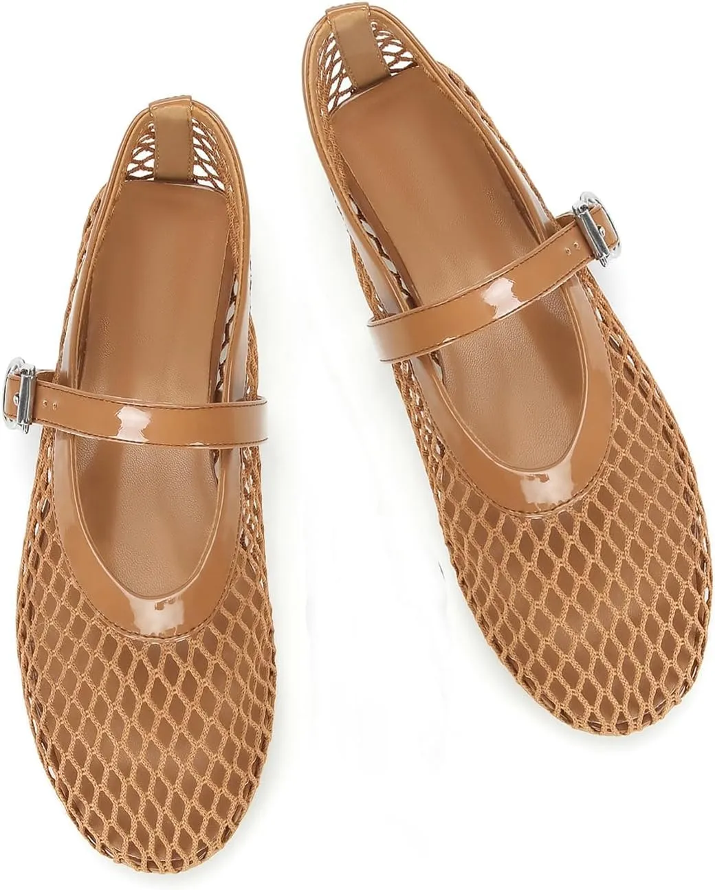 DOEYG Mesh Ballet Flats for Women Buckle Strap Comfy Casual Office Fishnet Ballerina Flat Shoes
