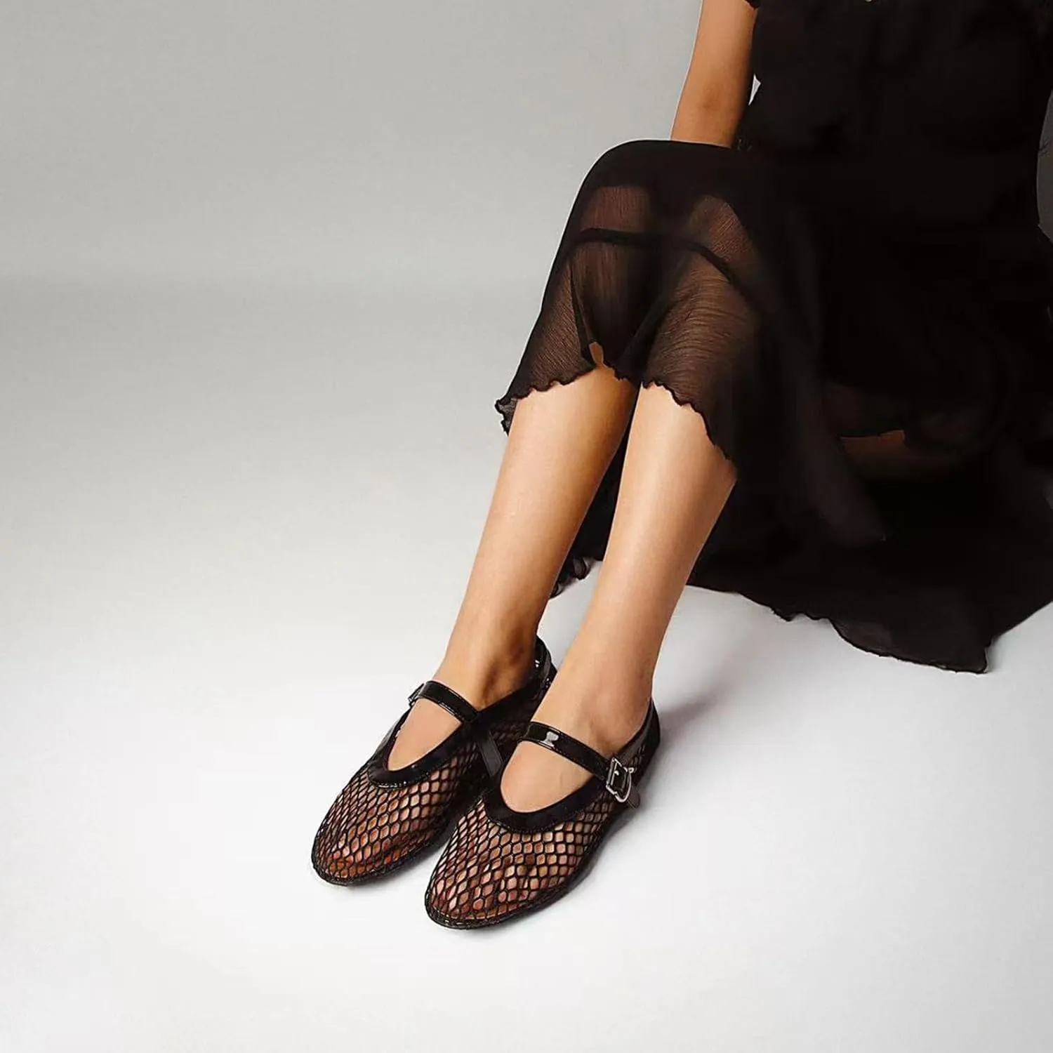 DOEYG Mesh Ballet Flats for Women Buckle Strap Comfy Casual Office Fishnet Ballerina Flat Shoes