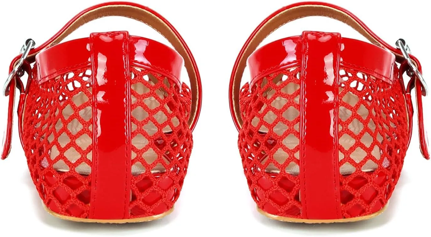 DOEYG Mesh Ballet Flats for Women Buckle Strap Comfy Casual Office Fishnet Ballerina Flat Shoes