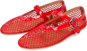 DOEYG Mesh Ballet Flats for Women Buckle Strap Comfy Casual Office Fishnet Ballerina Flat Shoes