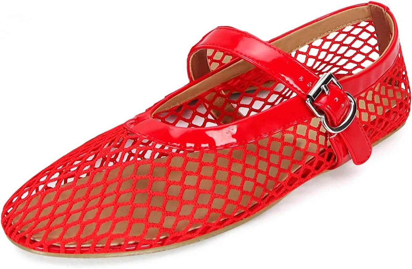 DOEYG Mesh Ballet Flats for Women Buckle Strap Comfy Casual Office Fishnet Ballerina Flat Shoes