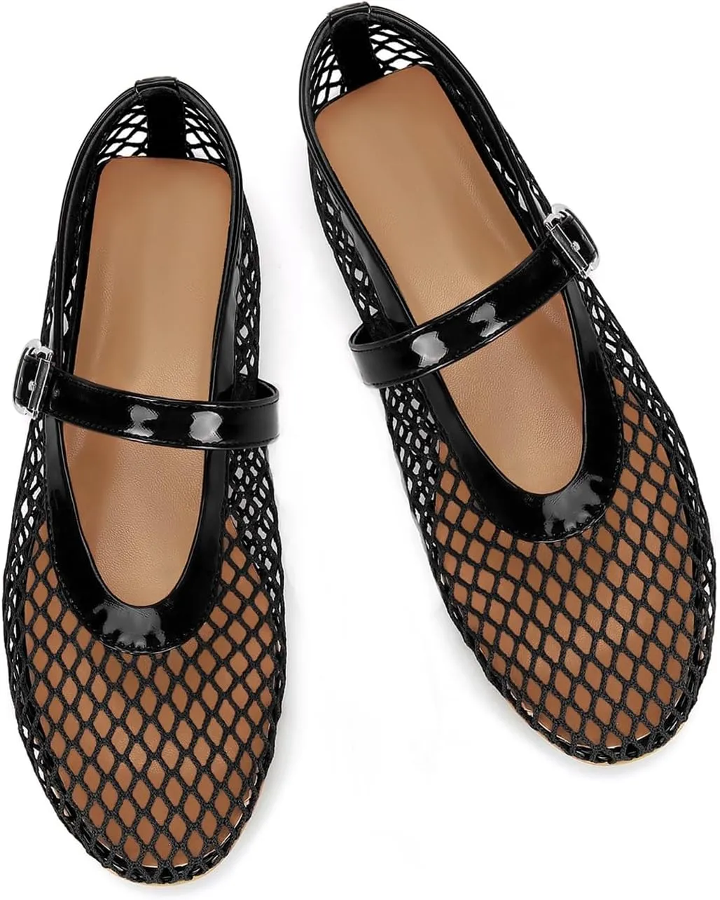 DOEYG Mesh Ballet Flats for Women Buckle Strap Comfy Casual Office Fishnet Ballerina Flat Shoes