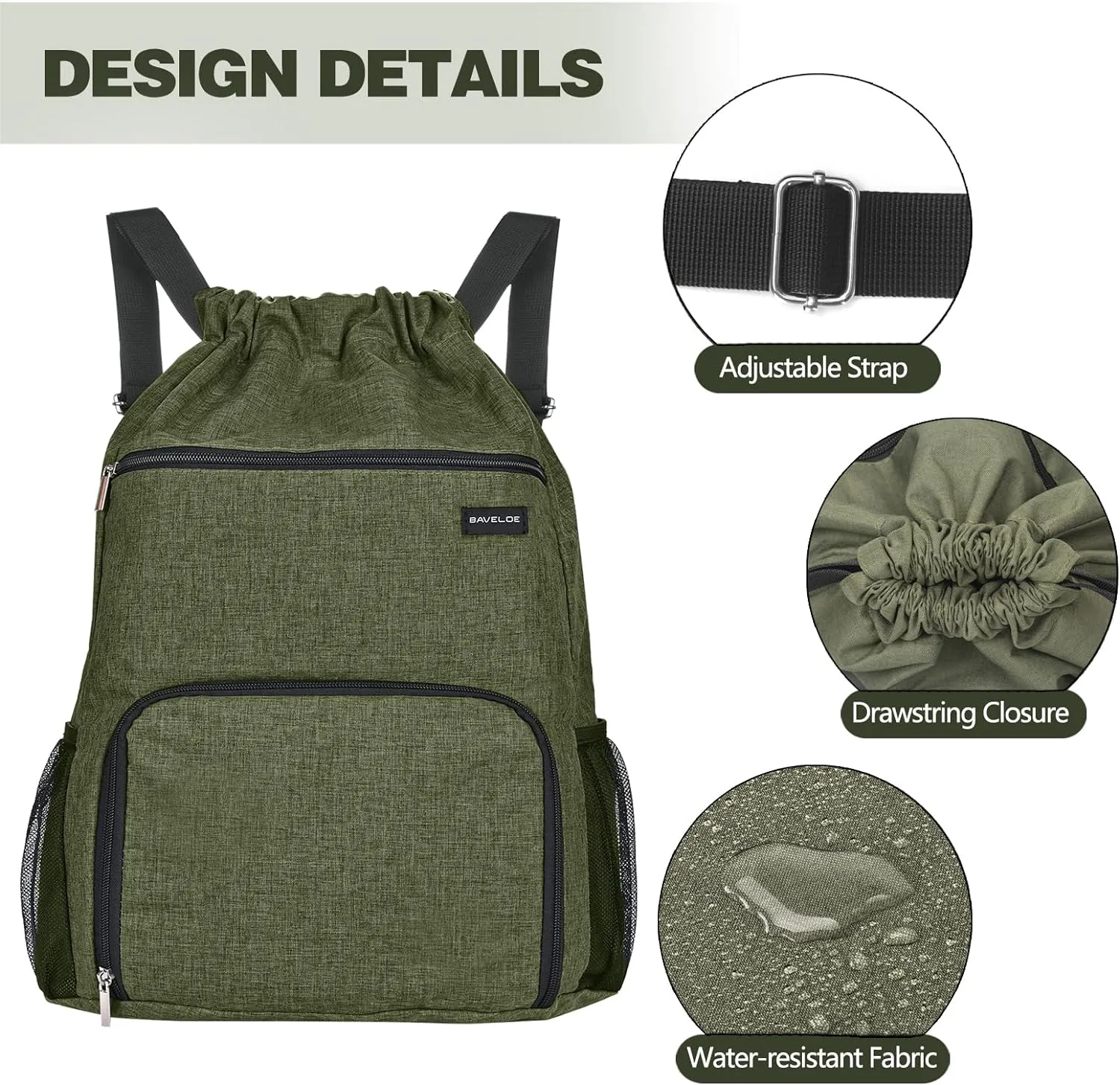 Drawstring Backpack with Wet Pocket & Shoe Compartment, Water-Resistant Sports Gym Swim String Bag for Women Men(Green)