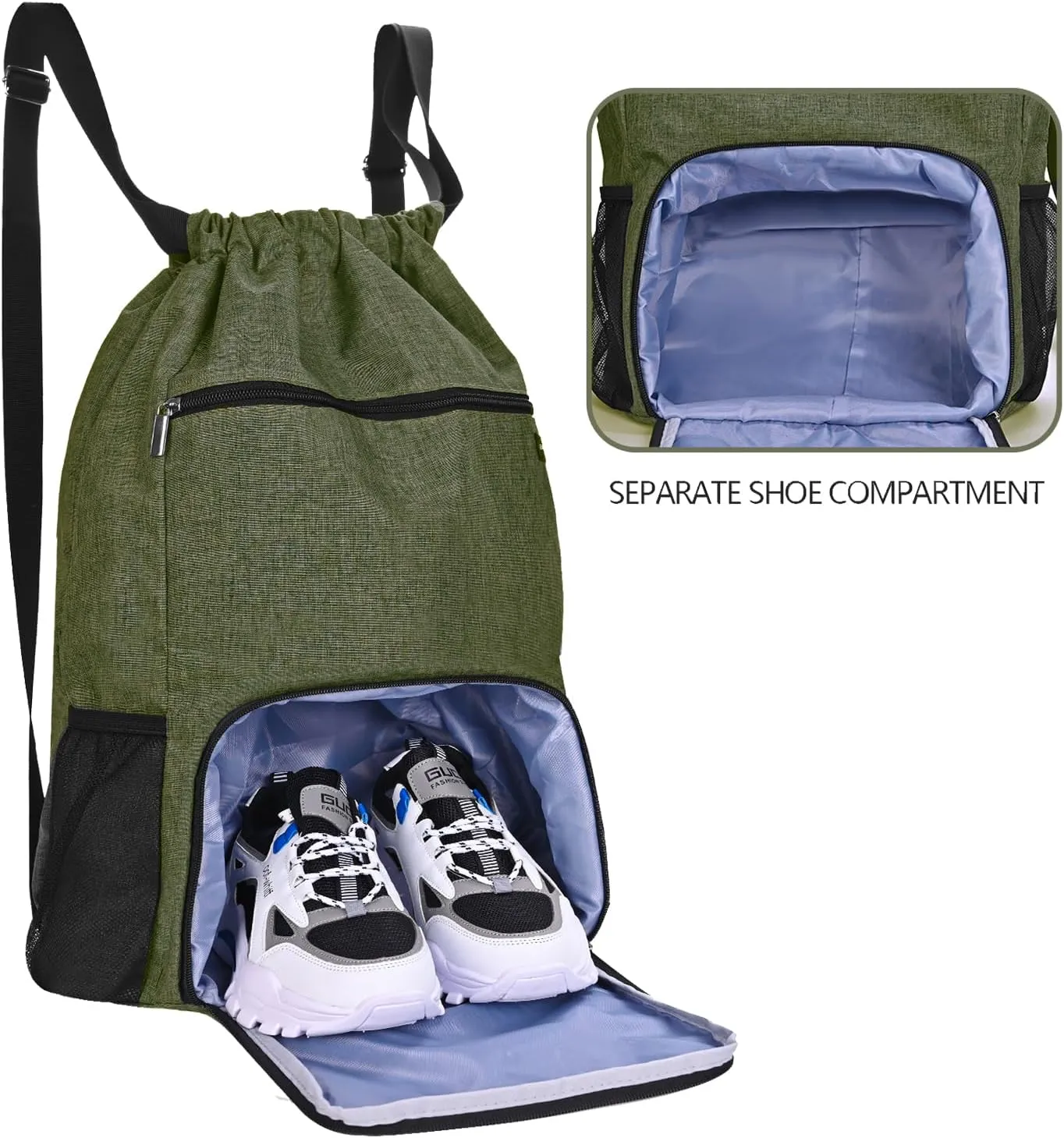 Drawstring Backpack with Wet Pocket & Shoe Compartment, Water-Resistant Sports Gym Swim String Bag for Women Men(Green)