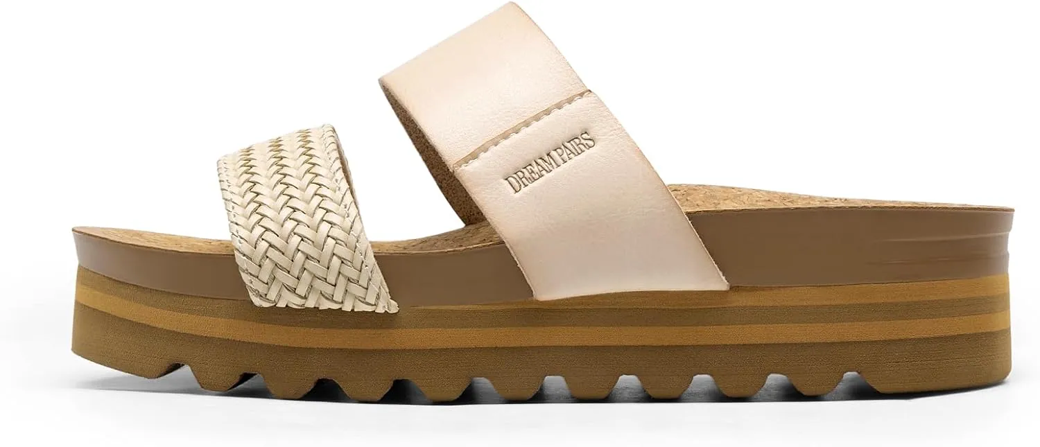 DREAM PAIRS Women's Platform Wedge Sandals with Arch Support, Comfortable Beach Slip-on Flat Sandals, Casual 2-Strap Cork Cushion Slides for Women
