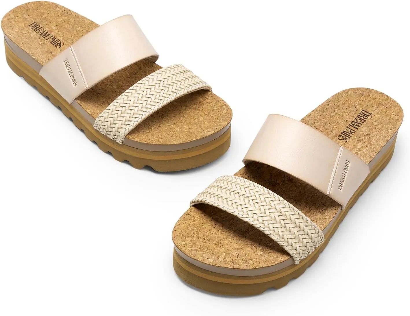 DREAM PAIRS Women's Platform Wedge Sandals with Arch Support, Comfortable Beach Slip-on Flat Sandals, Casual 2-Strap Cork Cushion Slides for Women
