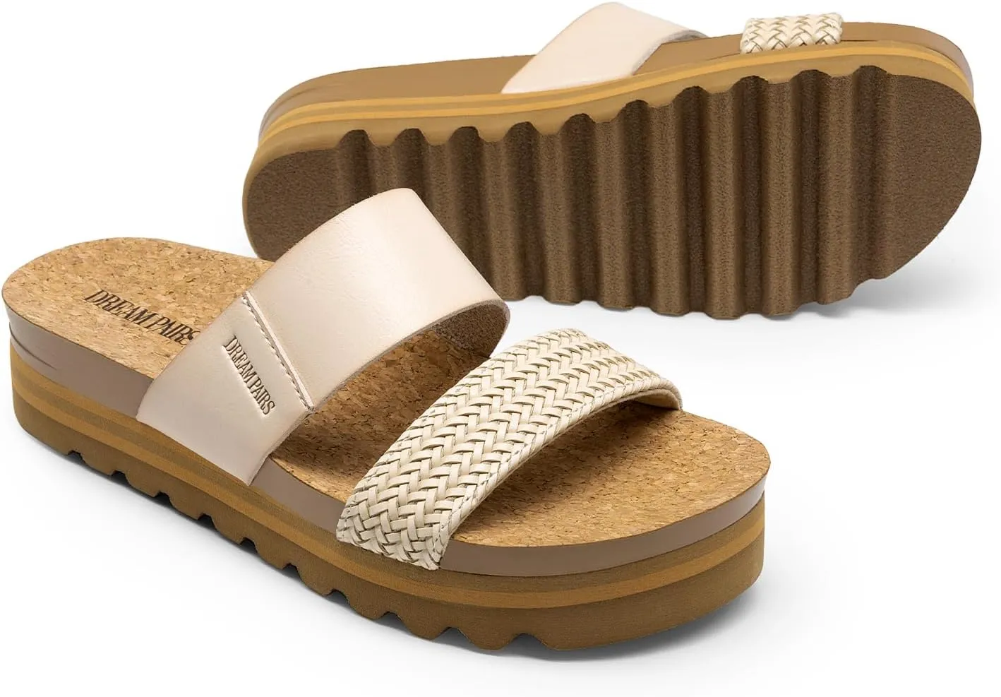 DREAM PAIRS Women's Platform Wedge Sandals with Arch Support, Comfortable Beach Slip-on Flat Sandals, Casual 2-Strap Cork Cushion Slides for Women