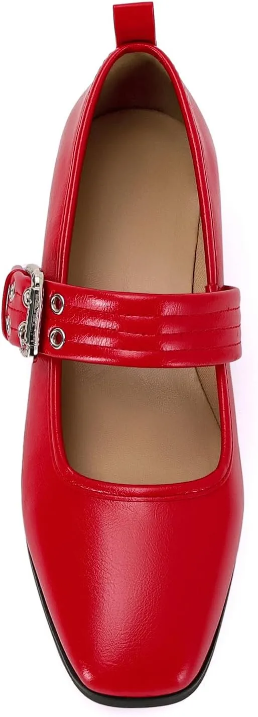 Dsevht Mary Janes Flats for Women Fashion Square Toe Flat Low Heel Easy Buckle Strap Flats Shoes