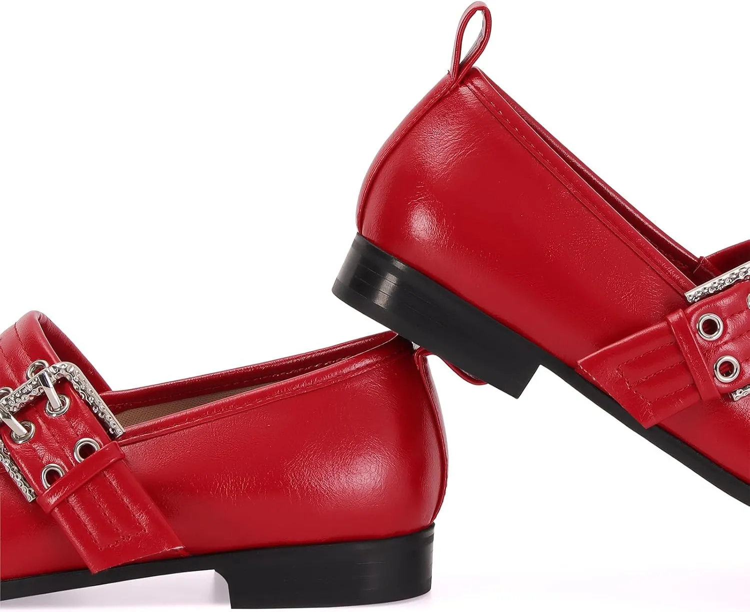 Dsevht Mary Janes Flats for Women Fashion Square Toe Flat Low Heel Easy Buckle Strap Flats Shoes
