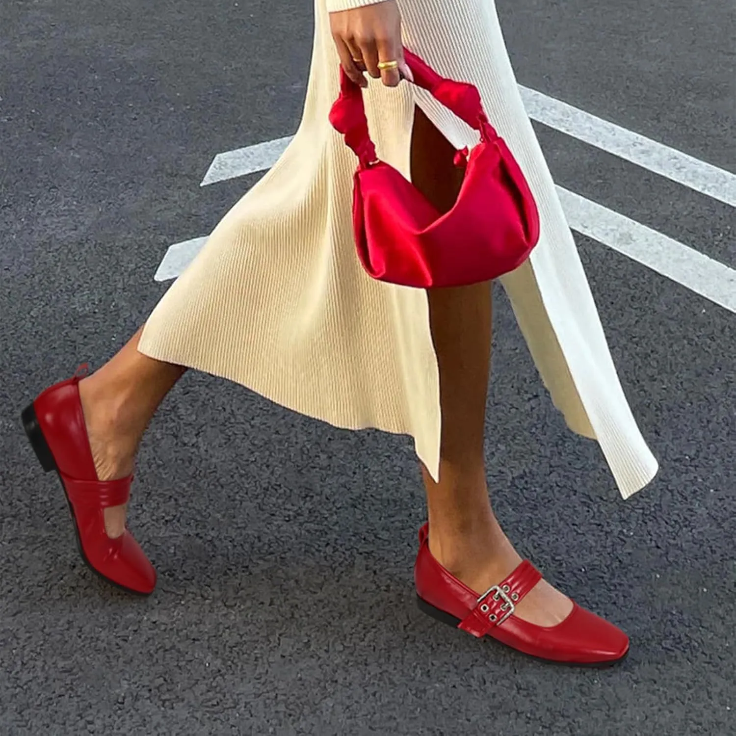 Dsevht Mary Janes Flats for Women Fashion Square Toe Flat Low Heel Easy Buckle Strap Flats Shoes