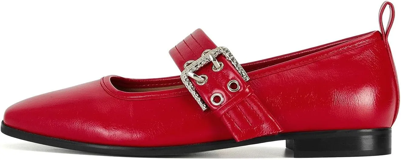 Dsevht Mary Janes Flats for Women Fashion Square Toe Flat Low Heel Easy Buckle Strap Flats Shoes