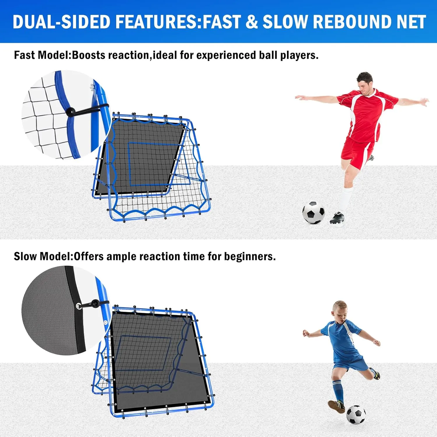Dual-Sided Soccer Rebounder Net, Fast & Slow Rebound Speed Training for Control, Passing Practice, Easy Setup Baseball/Volleyball Rbounder Gifts Aids & Equipment for Kids,Teens & Adults