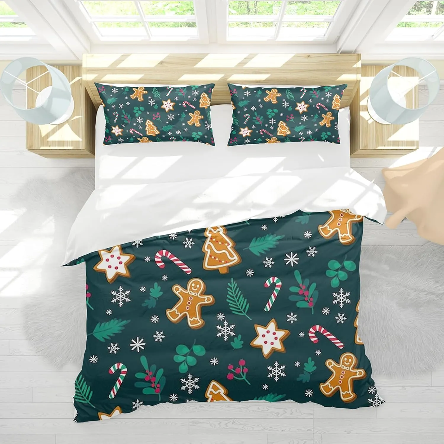 Duvet Cover Twin Size, Christmas Duvet Cover Set for Girls Woman, 4 Piece Cute Snowman Christmas Tree Santa Gingerbread Man Pattern Microfiber Bedding Set with 2 Pillowcases (B, Twin)