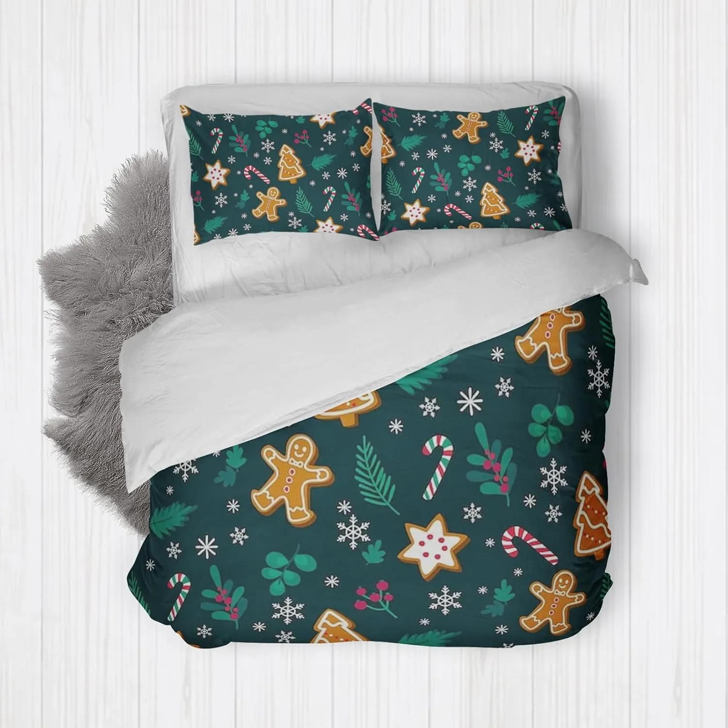 Duvet Cover Twin Size, Christmas Duvet Cover Set for Girls Woman, 4 Piece Cute Snowman Christmas Tree Santa Gingerbread Man Pattern Microfiber Bedding Set with 2 Pillowcases (B, Twin)