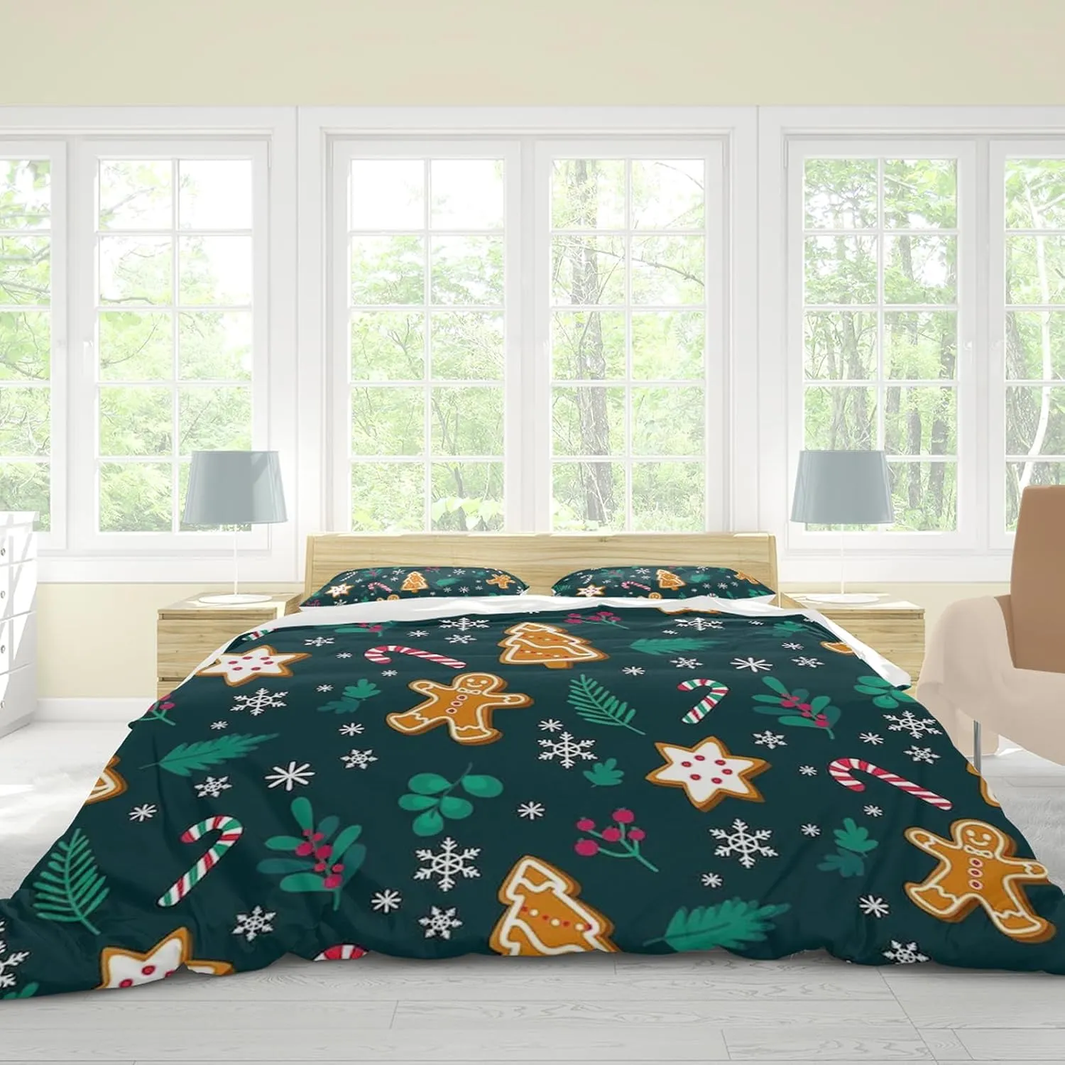 Duvet Cover Twin Size, Christmas Duvet Cover Set for Girls Woman, 4 Piece Cute Snowman Christmas Tree Santa Gingerbread Man Pattern Microfiber Bedding Set with 2 Pillowcases (B, Twin)