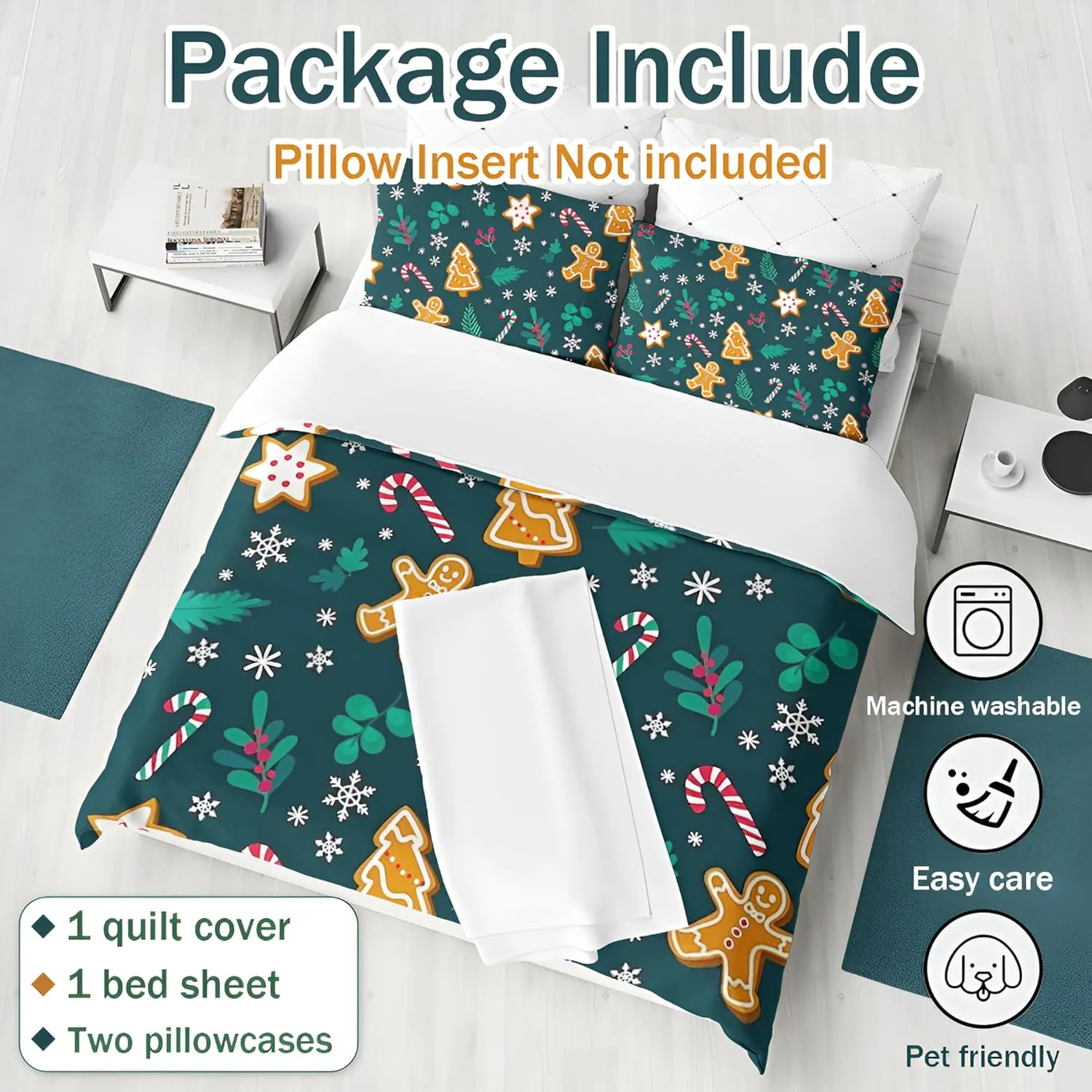 Duvet Cover Twin Size, Christmas Duvet Cover Set for Girls Woman, 4 Piece Cute Snowman Christmas Tree Santa Gingerbread Man Pattern Microfiber Bedding Set with 2 Pillowcases (B, Twin)