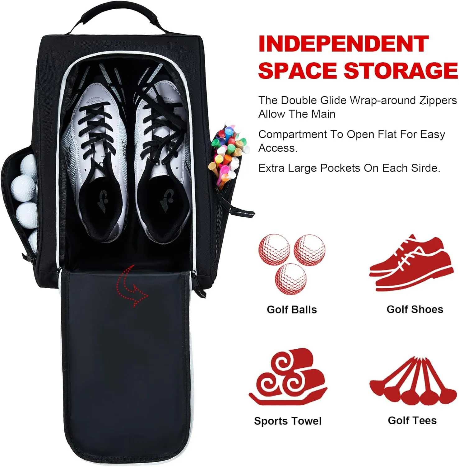 EALER GSB100 Golf Shoe Bag, Zippered Shoes Carrier Bags with Ventilation & Double Outside Pocket for Golf Balls, Socks, Tees, Valuables and Other Accessories