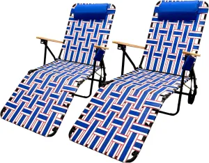 EasyGo Product Webbing Lounger Steel Chaise Lawn Chair Foldable Outdoor for Patio Camping Backyard Pool Wood Handles, 2 Pack Red White Blue