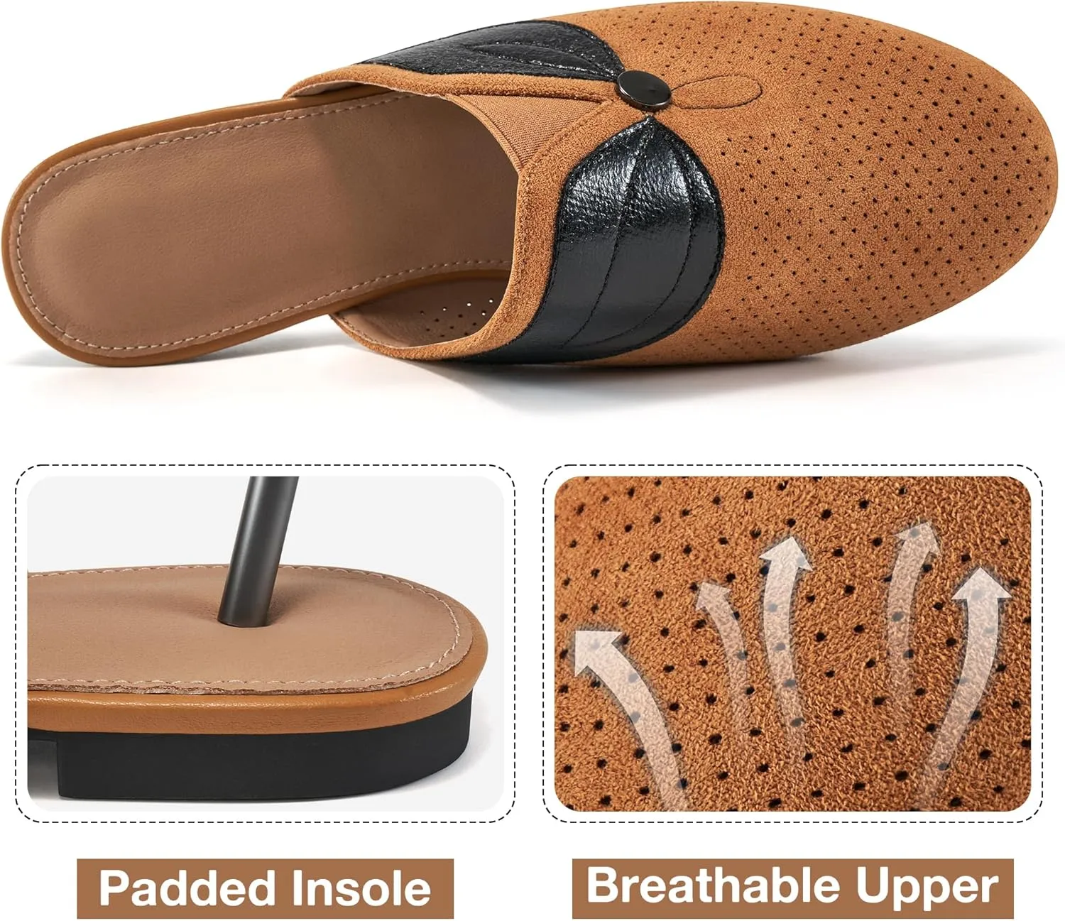 Ecetana Mules for Women Flat Shoes Comfortable Dressy Slip on Slides Round Toe Breathable Backless Loafers
