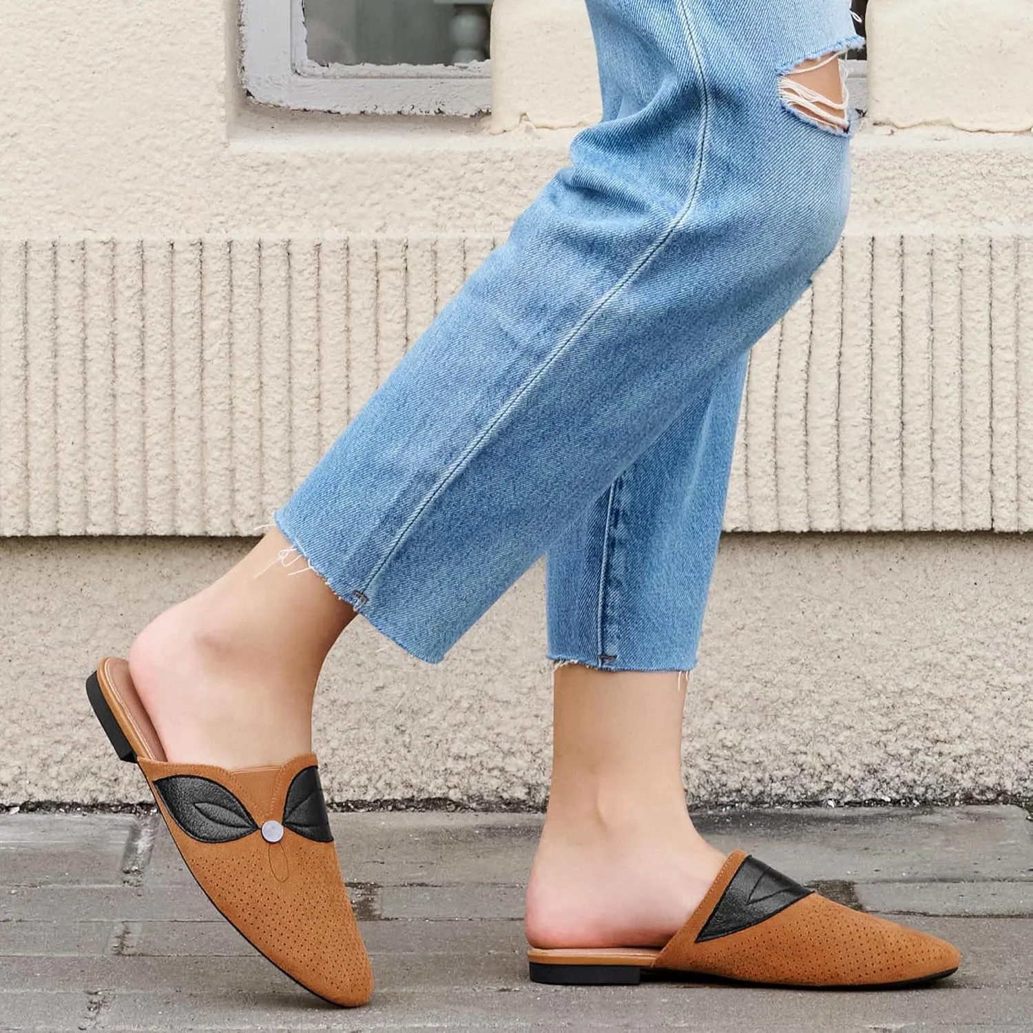 Ecetana Mules for Women Flat Shoes Comfortable Dressy Slip on Slides Round Toe Breathable Backless Loafers