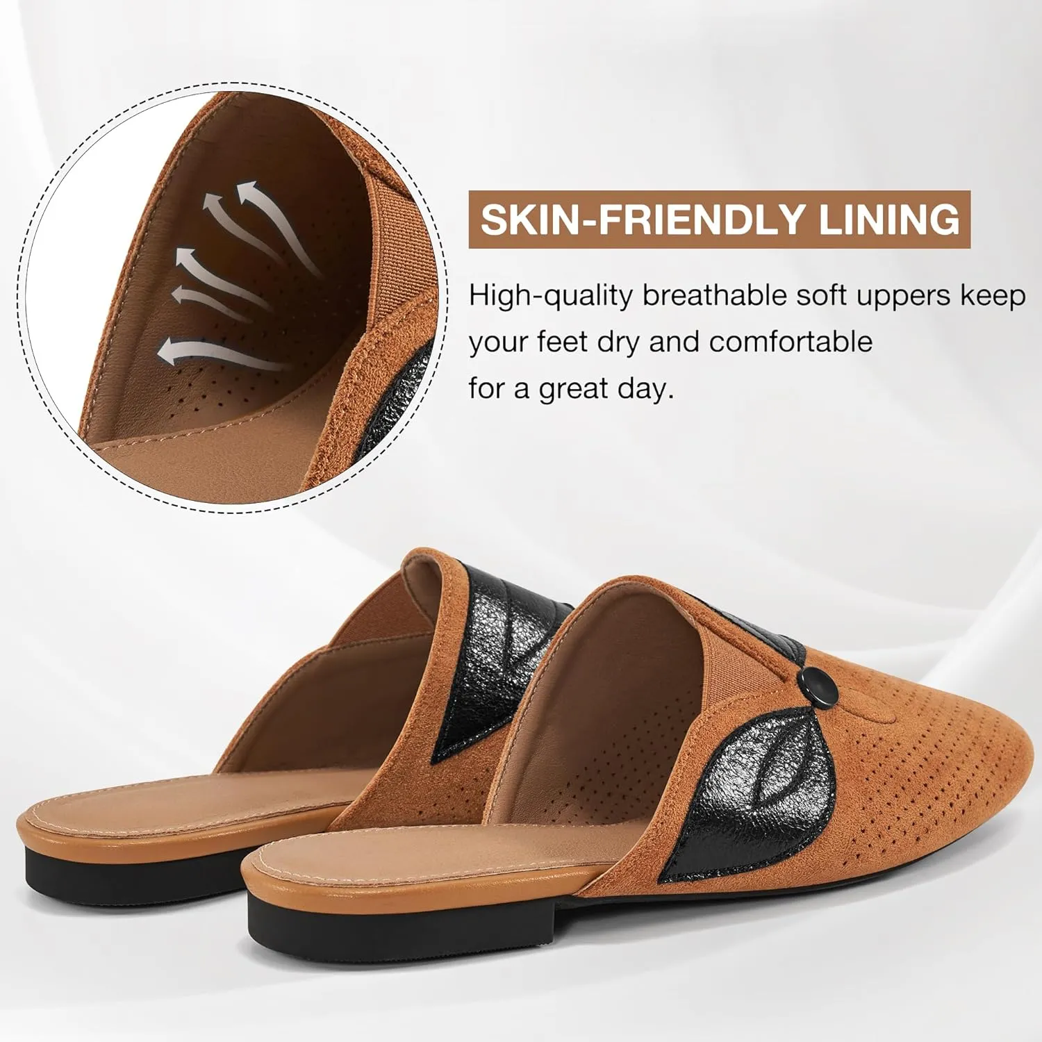 Ecetana Mules for Women Flat Shoes Comfortable Dressy Slip on Slides Round Toe Breathable Backless Loafers