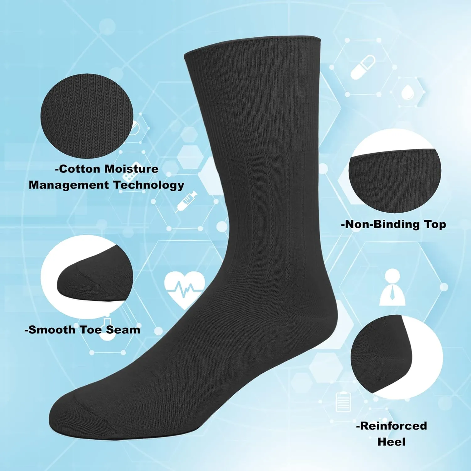 EMEM Apparel Men's Diabetic Dress Crew Cotton Socks | Non-Binding Loose Top | Seamless Toe