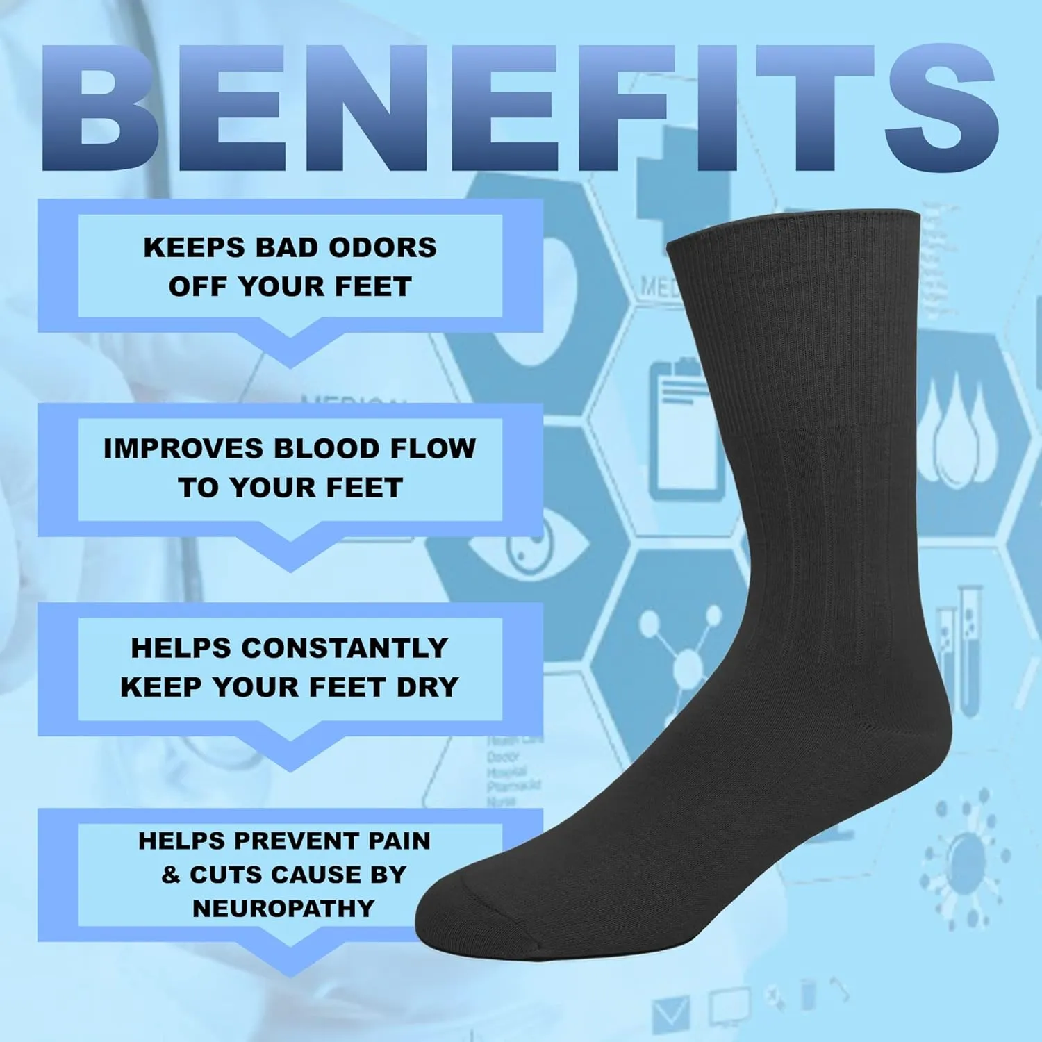 EMEM Apparel Men's Diabetic Dress Crew Cotton Socks | Non-Binding Loose Top | Seamless Toe
