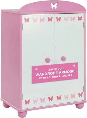 Emily Rose 18 Inch Doll Pink Wooden Clothes & Accessories Storage Closet Armoire - Includes 5 Wooden Hangers | 18" Doll Clothing Furniture Wardrobe Fits 16-19" Doll Clothes - Small Pet Clothes