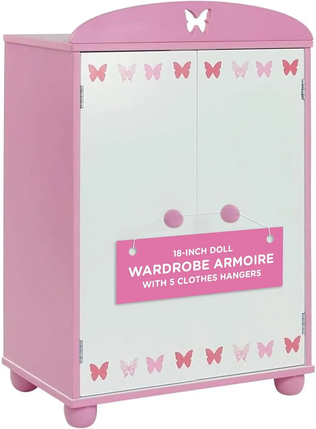 Emily Rose 18 Inch Doll Pink Wooden Clothes & Accessories Storage Closet Armoire - Includes 5 Wooden Hangers | 18" Doll Clothing Furniture Wardrobe Fits 16-19" Doll Clothes - Small Pet Clothes