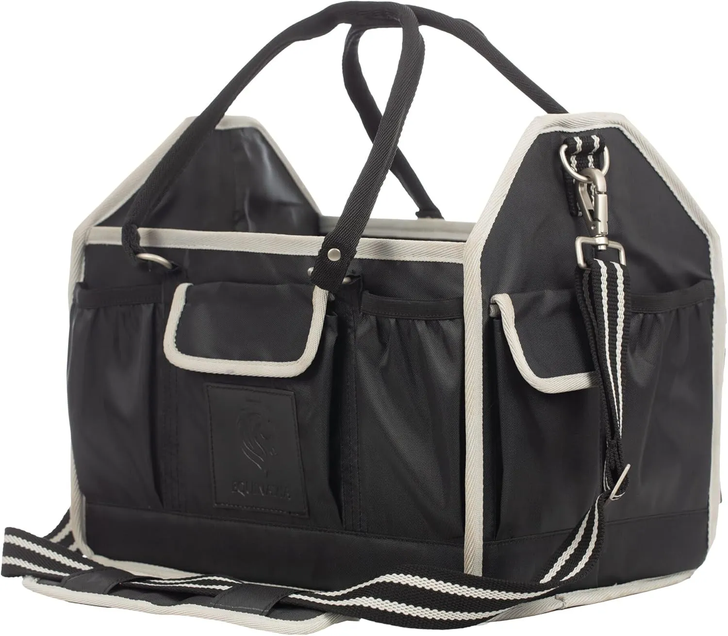 Equinavia Darby Large Collapsible Grooming Tote Bag for Horses, Dogs, Cats | Organizer with Shoulder Strap | 9" x 13" x 12" - Black/Silver - One Size