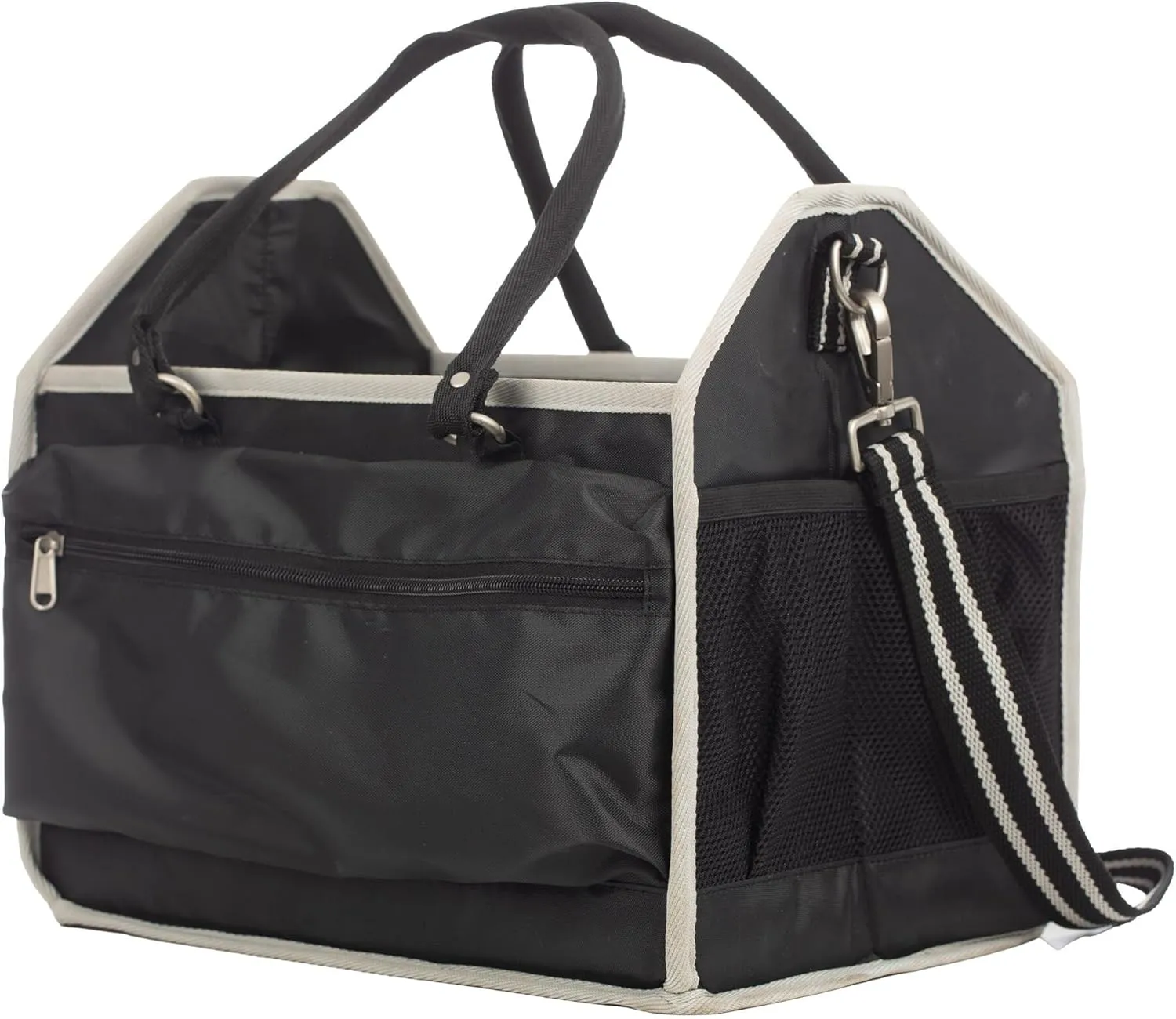 Equinavia Darby Large Collapsible Grooming Tote Bag for Horses, Dogs, Cats | Organizer with Shoulder Strap | 9" x 13" x 12" - Black/Silver - One Size