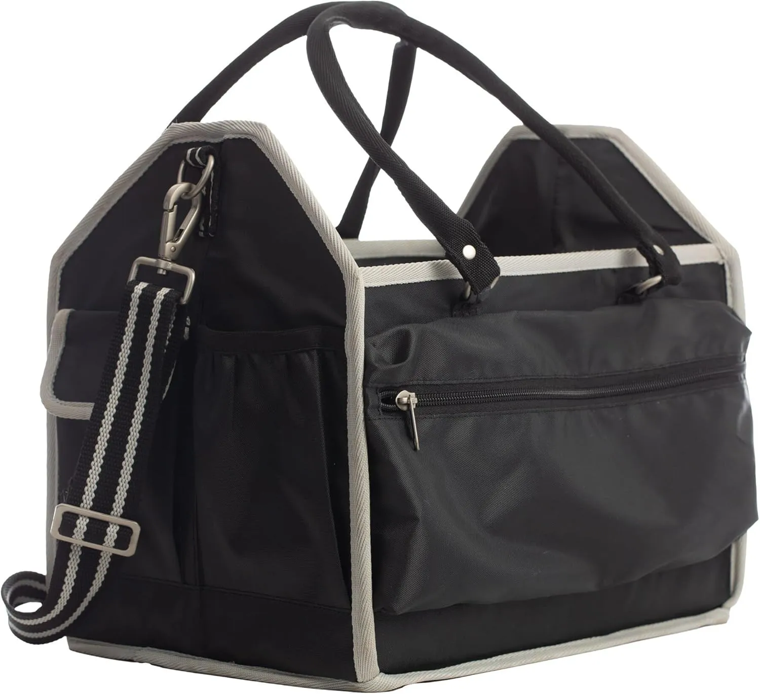 Equinavia Darby Large Collapsible Grooming Tote Bag for Horses, Dogs, Cats | Organizer with Shoulder Strap | 9" x 13" x 12" - Black/Silver - One Size