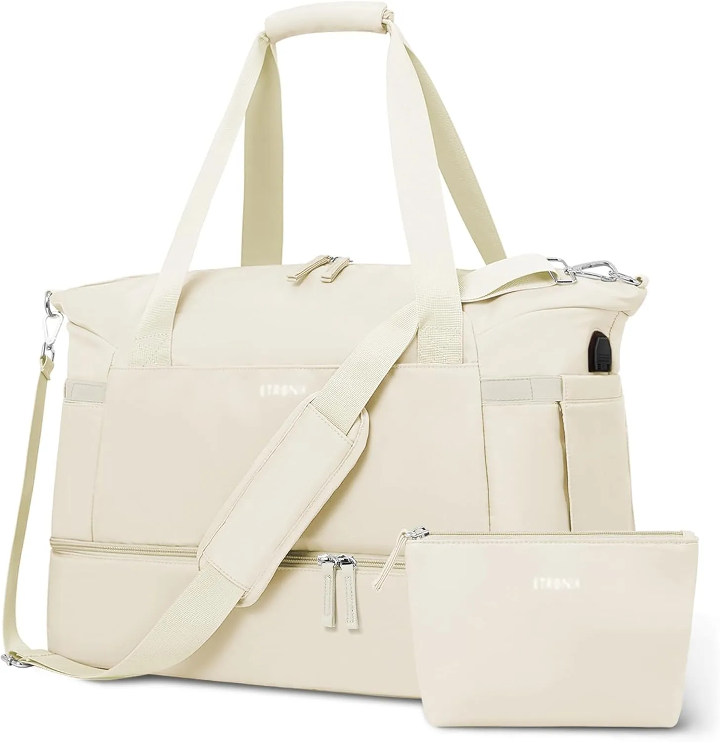 ETRONIK Gym Bag for Women, Personal Item Travel Bag with Shoes Compartment, Weekender Overnight Duffel Bag with Wet Pocket & USB Charging Port, Carry On Bag for Women, Travel, Gym, Weekend (Beige)